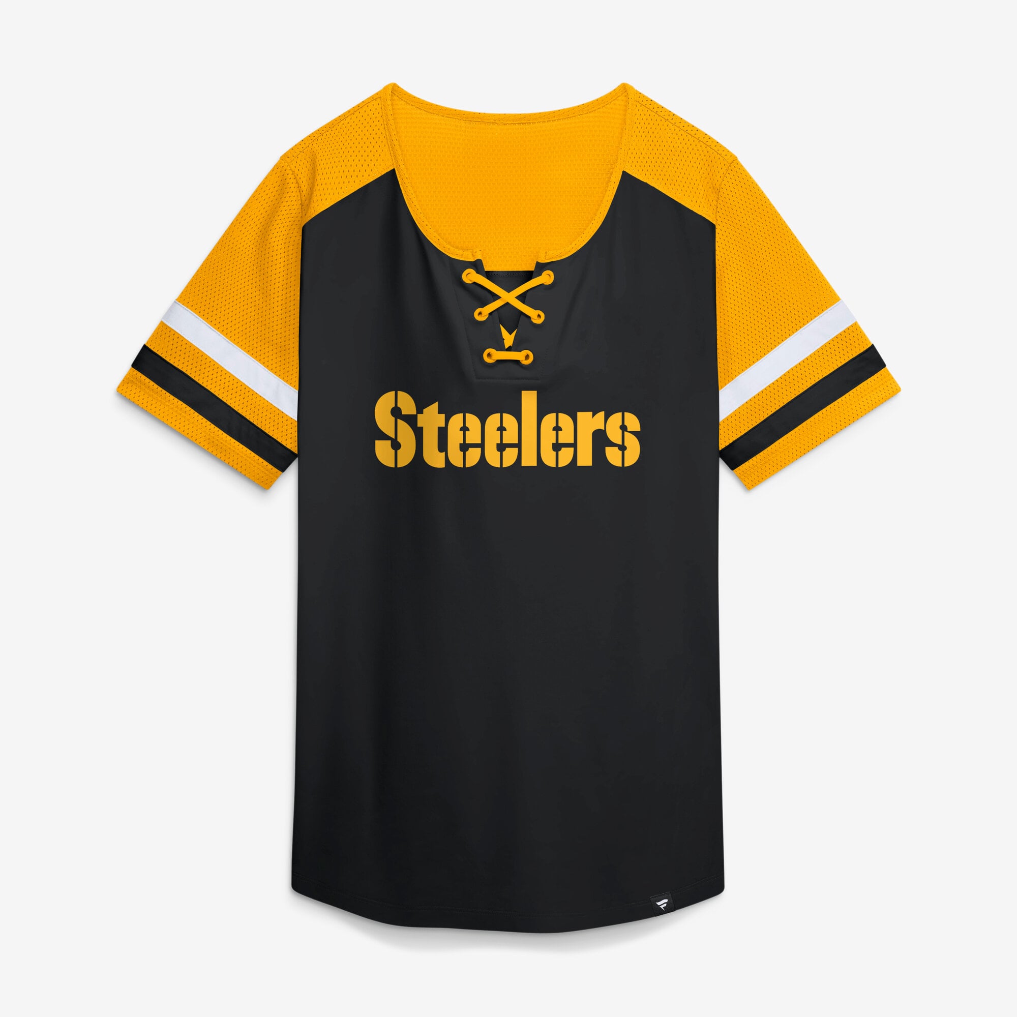 T-shirt Fanatics T.J. Watt noir Pittsburgh Steelers Curl Route Athena à lacets avec nom et numéro pour femme